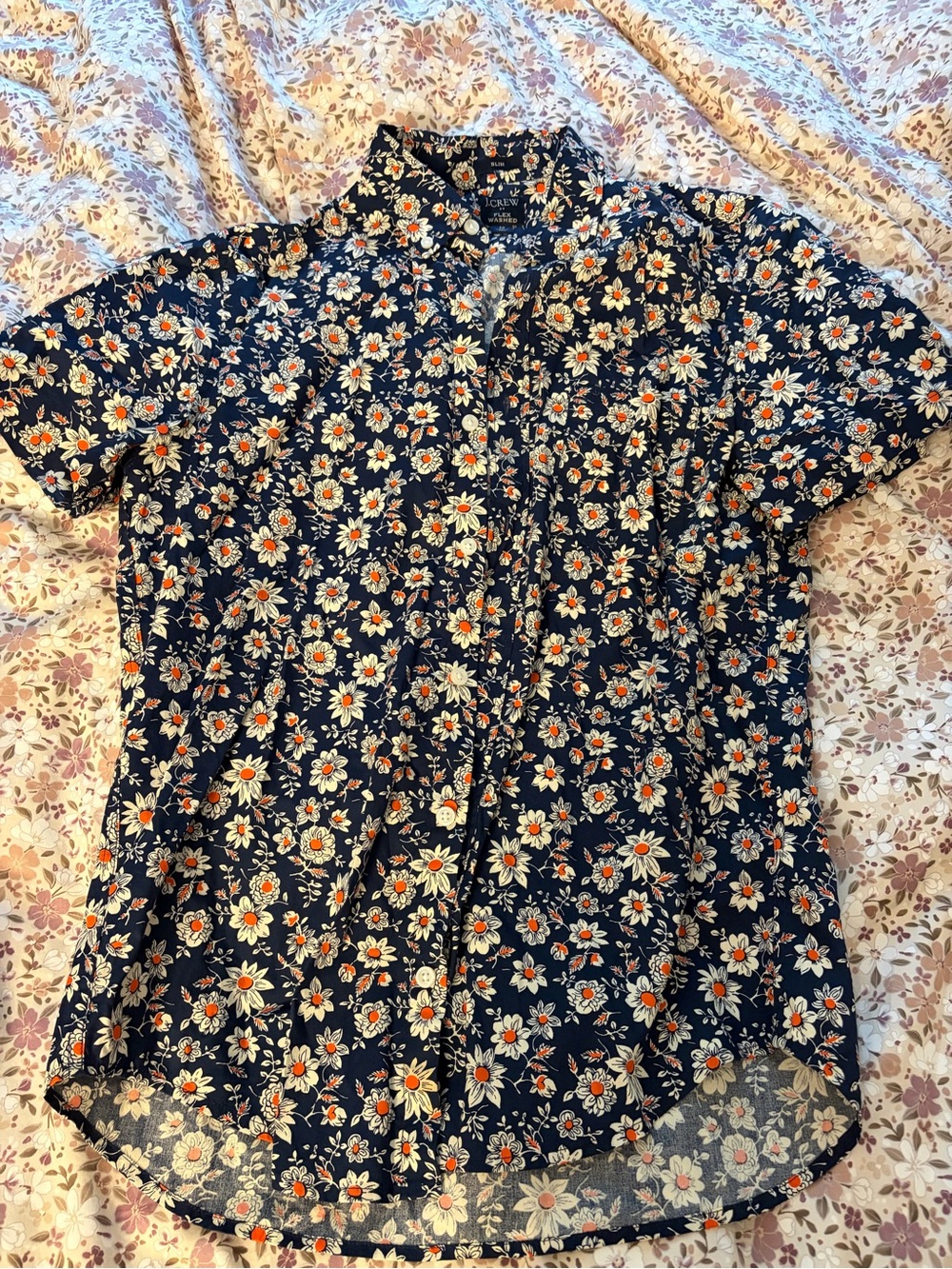 Navy Floral Short-Sleeve Button-Up Shirt